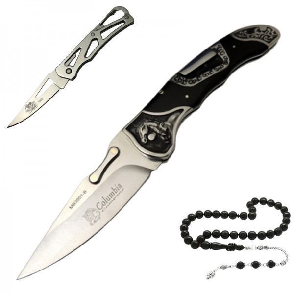 21 Cm Columbia Kabartma Desen MB3951-B Manuel Cep Çakısı Yanında Mini Cep Çakısı ve Tesbih İle